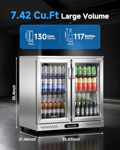 Image of BODEGA 35 inch W Back Bar Cooler Stainless Steel Counter Height Beverage Fridge, 7.4 Cu.Ft Commercial Beer Fridge, 2 Glass Door Display Drink Cooler with LED Light for Bar Pub Night Club