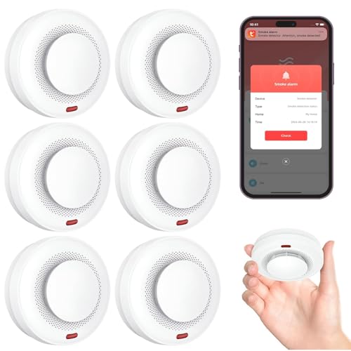 Smart Smoke Detector Fire Alarm, Uingarm, Wi-Fi Smoke Detector with App, Bluetooth Wireless Smoke Alarms with Battery Operated, 6 Pack