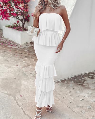 CHICME Long Bridesmaid Dresses for Women Shirred Ruffle Hem Layered Bandeau Wedding Guest Dress Formal Evening Party Dress2