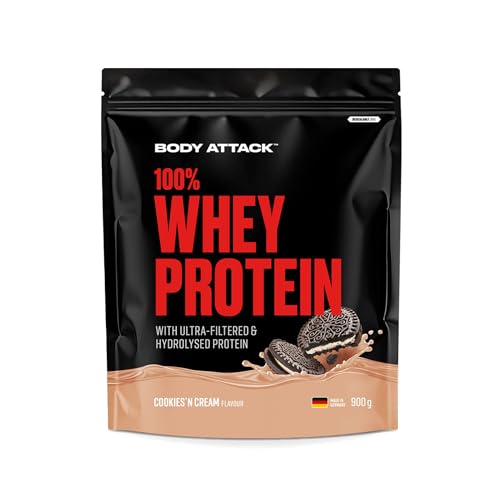 Body Attack 100% Whey Protein - Cookies N Cream - 900g - Made in Germany - Extra cremiges Eiweißpulver mit Hydrolysat & BCAA´s, unterstützt Muskelaufbau und Diäten - Für Sportler & Athleten