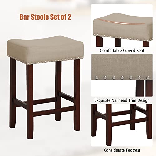 Image of COSTWAY Wooden Saddle Stools Set of 2, 25-inch Backless Counter Chairs with Nailhead Trim, Rubber Wood Frame, Footrest, Max Load 330 Lbs, Upholstered Bar Stools for Kitchen Island, Beige+Brown