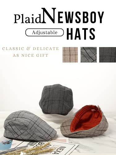 3 Pcs Cabbie Cap Flat Cap Adjustable Plaid Newsboy Hats Driving Hunting Hat #TOP4