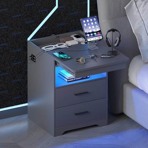 Gurexl LED Nachtschrank mit 3 Licht Dimmbar, Smart Nachttisch mit Ladefunktion, Abschließbare Schubladen Sideboard mit 3 Schubladen USB Type-C...