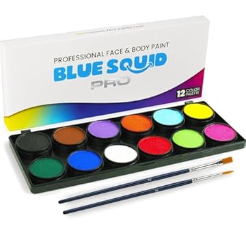 Blue Squid PRO Professional Face Painting Kit for Kids - 12 Colour Palette Set with 2 Brushes, Body & Face Paint Kits for Children, Adults - Safe Washable SFX Makeup Paints for Party, Halloween Makeup