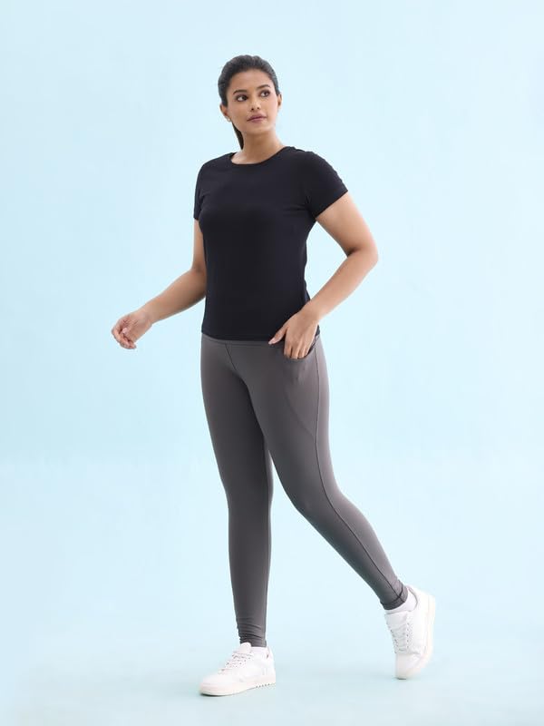 Image of GO COLORS Solid Nylon Stretch Ankle Length Training Tights | High Rise, Side Pockets