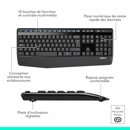 Logitech MK345 Combo Clavier Taille Standard Sans Fil avec Repose Poignet et Souris Droitier Confortable, Récepteur USB Sans Fil 2,4GHz, Compatible avec PC, Ordinateur Portable