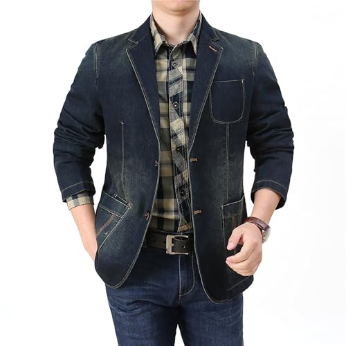 DGKaxiyaHM Men's Casual Slim Denim Blazer Business Notched Collar Suit Jacket Loose Distressed Wash Two Button Coat (Large,Dark Blue 2)2