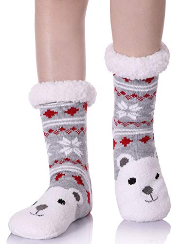 YEBING Women's Cute Knit Cartoon Animal Face Soft Warm Fuzzy Fleece Lining Winter Home Slipper Socks Snowflake Bear