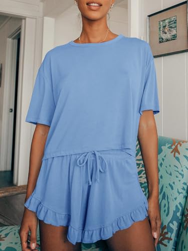 Image of Tankaneo Womens 2 Piece Shorts Set Summer Casual Short Sleeve T Shirts Drawstring Ruffle Shorts Pajamas Lounge Set
