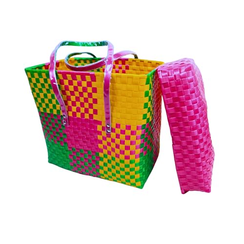 Image of Hand Made Multipurpose Plastic Basket with Lid | Eco-Friendly, Washable, Rust-Free Storage Basket for Kitchen, Picnic, Toys, Travel, Office | Lightweight basket (Pink with Green, Extra Small)