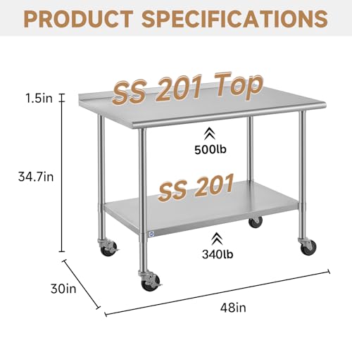 Image of ROCKPOINT All Stainless Steel Prep Table with Caster & Backsplash 30x48 Inch,Commercial Heavy Duty Workbench with Stainless Legs & Adjustable Undershelf,840 lb Capacity for Outdoor Kitchens with Wheel