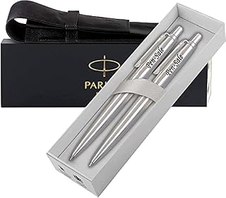 Personalised Engraved Parker Jotter Stainless Steel Ballpoint Pen & Pencil Set Gift Boxed in a Paul Clover Genuine Leather Pen Case, Personalised Gift for Christmas - Enter Your Custom Text