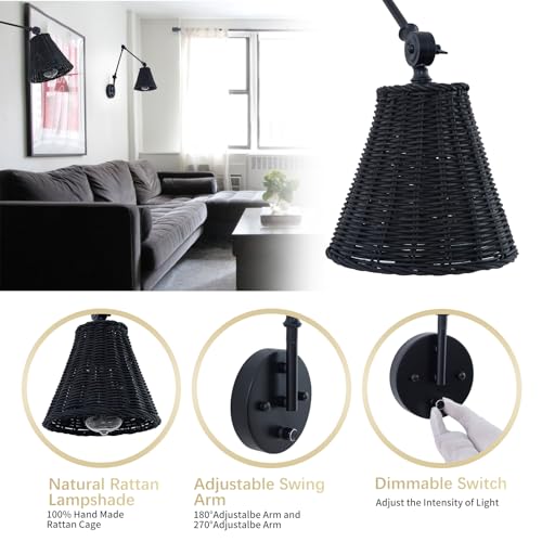 Image of Rattan Wall Sconce Set of Two, Boho Dimmable On Off Switch Wall Light Fixtures with Hand Woven Wicker Lamp Shade, Black Adjustable Swing Arm Wall Mount Lighting Fixture for Bedroom Bedside Living Room