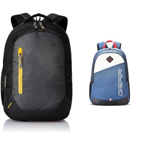 Image of Gear Polyester 46 cms 24 Litre Grey-Black-yellow(LBPECONO10412) Backpack + 14 cms Blue Casual Backpack (MDBKPECO50504)