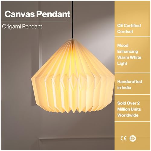 Image of FIG Living Origami Paper Pendant Lamp (Off-White) | 54 x 54 x 21 cm | Luxury Handmade Design | Ceiling Lamp & Chandelier | Hanging Light for Dining Room, Living Room & Cafe (Canvas)