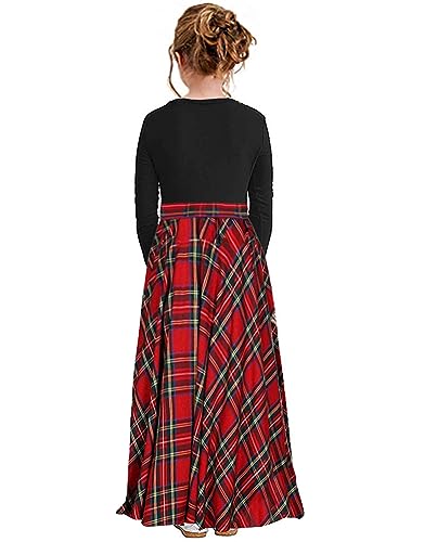 Image of KYMIDY Girl Maxi Dress Kids Casual Buffalo Check Plaid Long Sleeve Dresses with Pockets(6-14yrs)