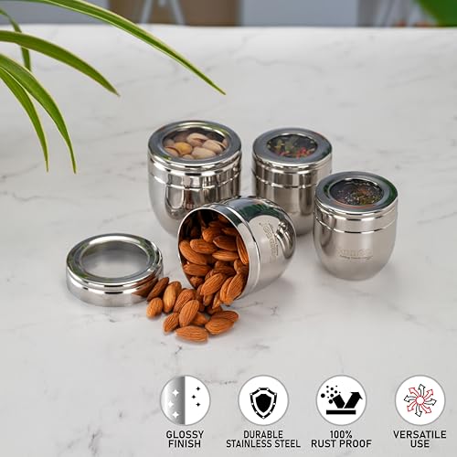 Image of Sumeet Stainless Steel Conical Shape Canisters /Dabba /Storage Containers for Kitchen with See Through Lid, Set of 4 Pcs, (250ml-7cm Dia-2Pc & 400ml-8.5cm Dia-2Pc), Silver