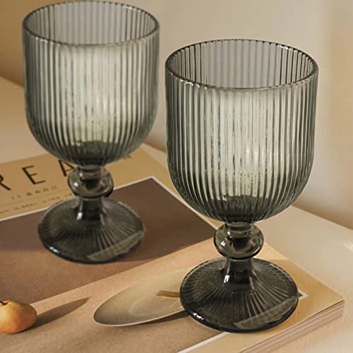 Vintage Wine Glasses Set Of 6, 12 Ounce Colored Glass Water Goblets, Unique Embossed Pattern High Clear Stemmed Glassware Wedding Party Bar Drinking Cups Vertical Line Grey 6 Pack #TOP2