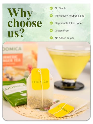 Image of LOOMICA Turmeric Ginger Tea Bags, Caffeine Free, 100% Natural Warm & Spicy Herbal Blend with Zesty Turmeric and Ginger for Comfort, Individually Wrapped Bags, 20 Counts