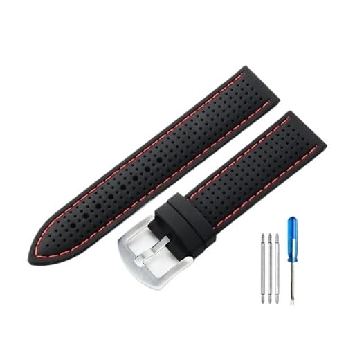 Bracelet de montre silicone étanche et respirant noir rouge 22mm