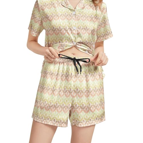 Image of Funny Pajamas for Women Set Print Satin Loungewear Pjs Short Sleeve Button Down Top and Shorts Sets Sleepwear XS-3XL