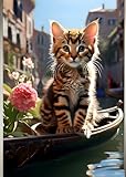 SAVANNAH KITTEN ITALIAN GONDOLA * KITTY CAT LOVE - Cute Mini Journal Diary Scratch Art Doodle Jot Blank Pad: ֍ 5x7~Greeting Note Card Size֎ EXPRESS ... Shower Holiday Childrens Party Favor Gift