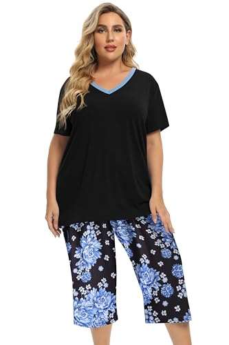 Image of Vozanet Women's V Neck Sexy Pajamas Capri Sets Mexican Style Floral Sleepwear 2PCS Totem Casual Nighty Plus Size M to 5XL