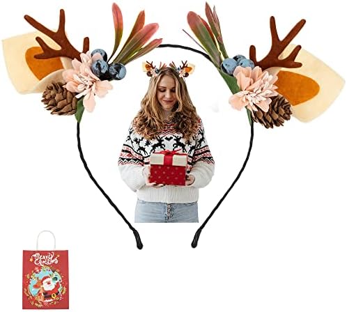 EXGOX Christmas Headband,Flower Crown Reindeer Headband Antlers Headband,Floral Wreath Headdresses Hair Hoop Christmas Hair Accessories for Women and Girls(Brown 1PC)
