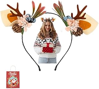 EXGOX Christmas Headband,Flower Crown Reindeer Headband Antlers Headband,Floral Wreath Headdresses Hair Hoop Christmas Hair Accessories for Women and Girls(Brown 1PC)