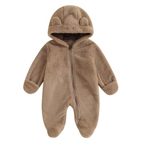 Newborn Baby Girl Boy Bear Fleece Hooded Footie Snowsuit Zip Up Long Sleeve Warm Jumpsuit Romper Baby Winter Outfits (Chestnut, 9-12 Months)