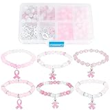 SUNNYCLUE 1 Box DIY 6 Sets Breast Cancer Awareness Bracelets Pack Pink Ribbon Charms Beading Bracelet Making Kit Hope Health Aware Charm Imitation Jade Round Beads for Jewelry Making Kits Women Craft