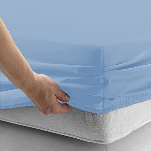 Sábanas bajeras con esquinas elásticas, 100% algodón, para cama de matrimonio e individual y plaza media, colores lisos (azul claro, 140 x 190 + 25 cm)
