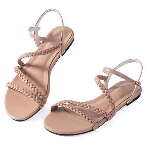 Image of Mtzyoa Women Flat Sandals Dressy Strappy Gladiator Summer Ankle Strap Nude Open Toe Comfortable Wedding Casual Leather Ladies Party Trendy Vacation