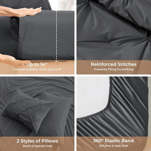 Image of Sasttie King Size Comforter Set, 7-Piece Bed in a Bag, Pintuck Bedding Sets for All Season, Includes Comforter, Flat Sheet, Fitted Sheet, Pillowcases and Pillowshams, Dark Grey