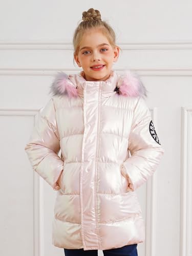 Kids Girls Metallic Puffer Jacket with Fur Hooded Long Puffer Coat Water Wind Resistant Outerwear2