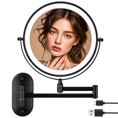Wandmontage Vergrößerung mit Beleuchtung 1X/10X Vergrößerung Dimmbarer Schminkspiegel Wandspiegel für Badezimmer und Hotel mit Beleuchtung 3 Farben Lichtern 360°Drehbar Dimmbarer Rasierspiegel Schwarz