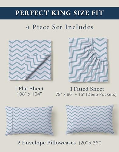 Image of LANE LINEN 100% Organic Cotton Printed King Sheets, Soft & Comfy Percale Sheets Naturally Temperature Regulating Mercerized Cotton Fully Elasticized Printed King Bedding Set-Chevron