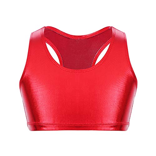 Aislor Kids Big Girls Shiny Metallic Crop Tank Tops Racer Back Dance Athletic Sports Bra Red 11-12 Years