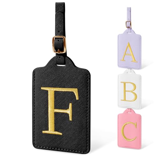 Image of Initial Letter Luggage Tags for Suitcases, Embroidered Monogrammed Suitcase Luggage Identifier Name Tag, PU Leather TSA Approved Luggage Tags, Bag Tags for Men Women Kids Luggage Handbags(Black F)
