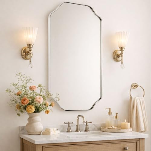 Image of TEHOME Brushed Nickel Scalloped Bathroom Vanity Mirror 24x36'' Decorative Silver Metal Framed Asymmetrical Bathroom Mirror