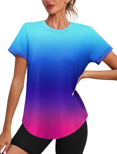 Image of Womens Workout Tops Summer Short Sleeve Shirts Athletic Color Block Gym Clothes Outfits Sun Protection UPF 50+ T Shirts