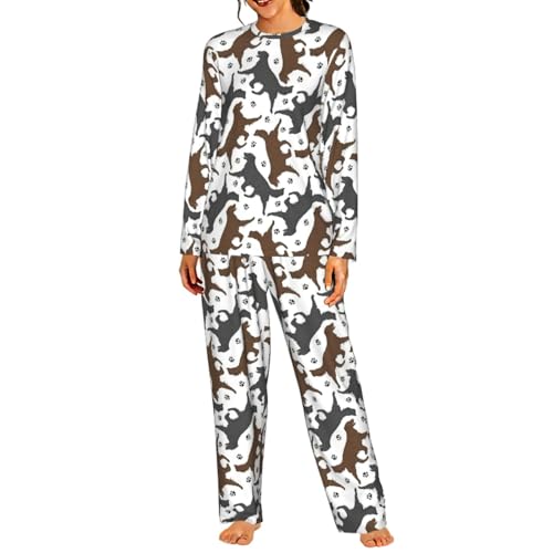 Ensemble de pyjama manches longues pour femme imprimé empreintes de pattes et col plat
