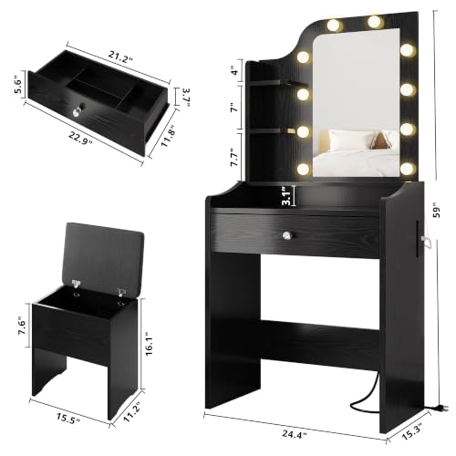 Image of LIKIMIO Small Vanity Desk with Mirror Lights and Storage Stool, Black