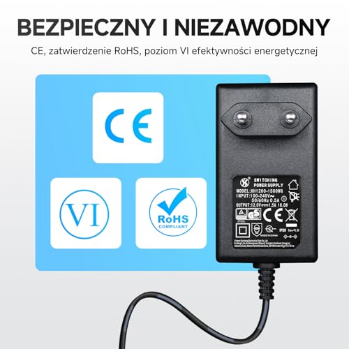 Zasilacz 12 V 1,5 A/1500 mA, AC 100-240 V 50/60 Hz do wtyczki ściennej DC 12 V 1,5 A, kabel o długości 1,8 m, 3 wymienne końcówki w zestawie, certyfikat CE