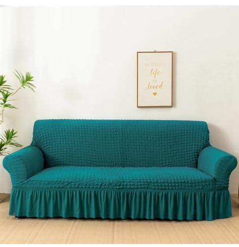 Image of House of Quirk Turkish Bubble Frill Five Seater 3 + 1 + 1 Sofa Slipcovers 280 GSM, Durable Washable Universal Triple Seater High Elastic Furniture Protector (Teal)