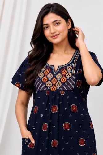 Image of Women's Pure Cotton Maxi Nighty, Jaipuri Embroidery Print, Short Sleeve Night Gown with Pocket