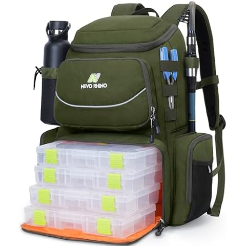 N NEVO RHINO Fishing Tackle Backpack with Rod Holders, 4 Tackle Boxes, 40L Large Storage Waterproof Fishing Bag for Fishing Cover