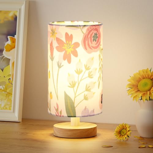 Aooshine Small Bedside Table Lamp, Flower Style Bed Lamp with Round Fabric Linen Shad,Inline Control(Bulb Included)
