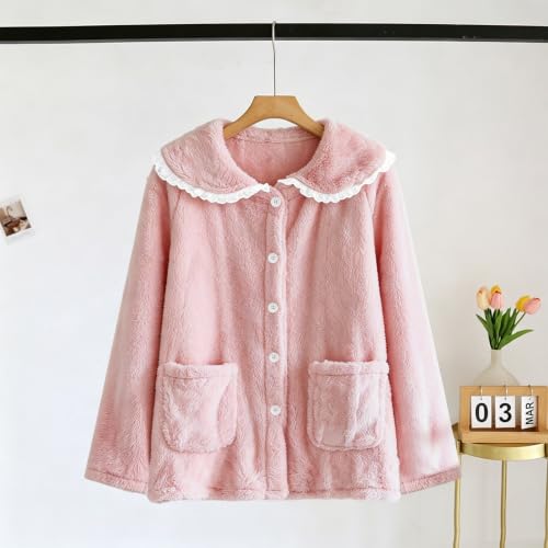 VBTAPA Pajama Set Women Bed Jackets for Women Cozy Fleece Long Sleeve Lounge Coats Fall Winter Lightweight Button Cardigan With Pockets 2026 Pink M - image 3