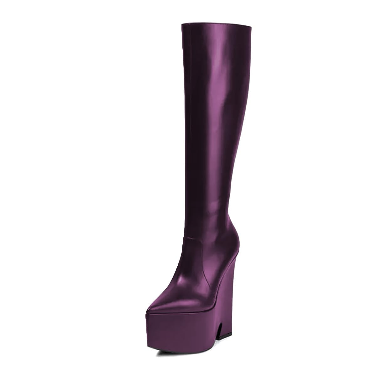 Pazzion Women Pointy Toe Platform Knee High Boots Smooth Side Zippers Thick High Heels Long Booties Daily Cold